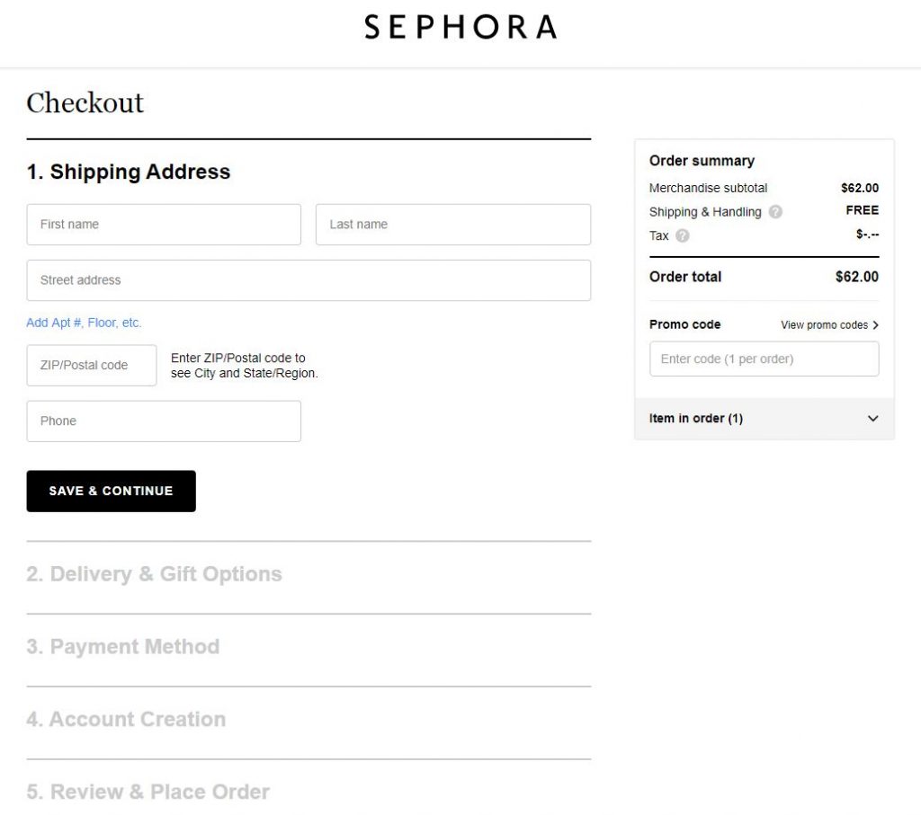 עגלת קניות באתר Sephora.com